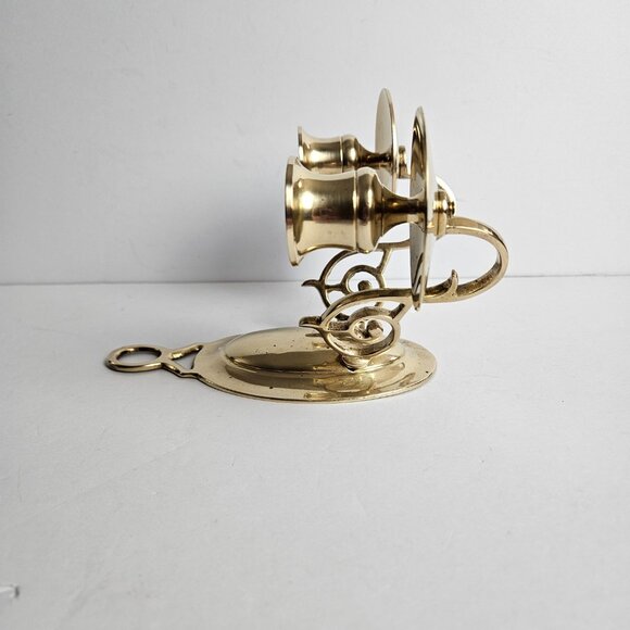 Vtg Solid Brass Candle Holder Double Ornate Scrolled Wall Sconce 6.25”t x 6.5"w - Picture 6 of 16